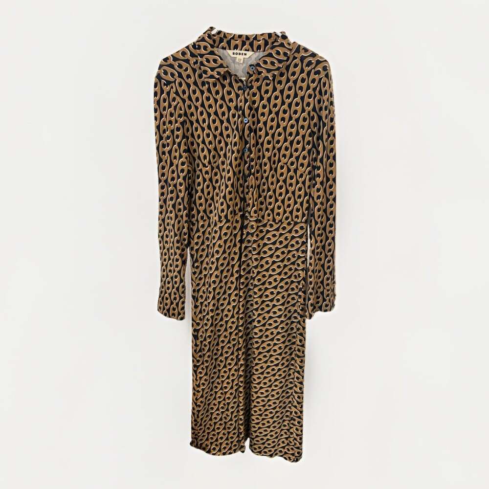 Boden Size 10 Midi Long Sleeve Shirt Dress Gold , Black& white Diamond Print